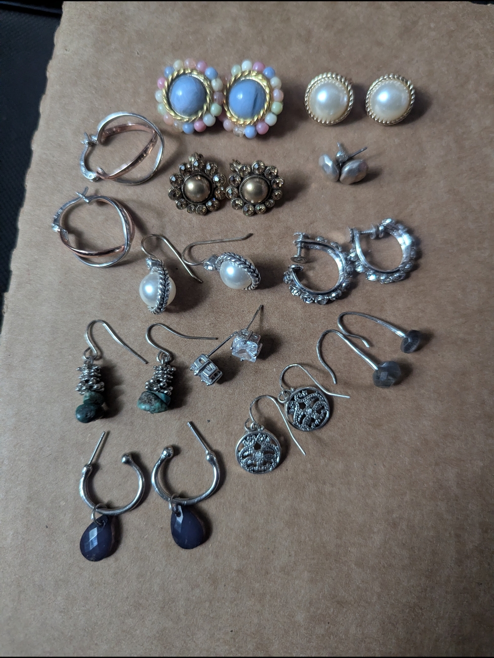 Used- Assorted Women's Earrings Set in Gold, Pearl, Blue and Silver Tones